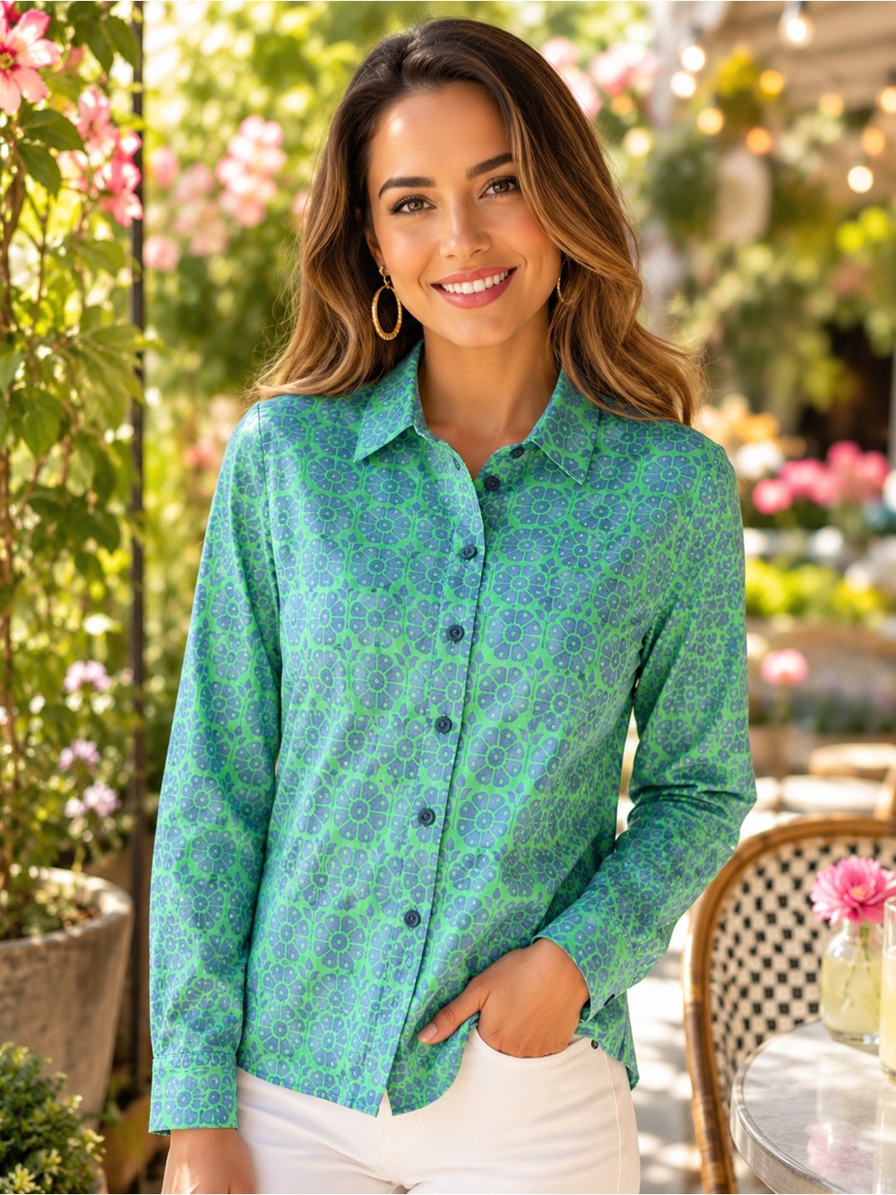 French Curve XS Green Blue Floral Print Button Down Shirt Long Sleeve